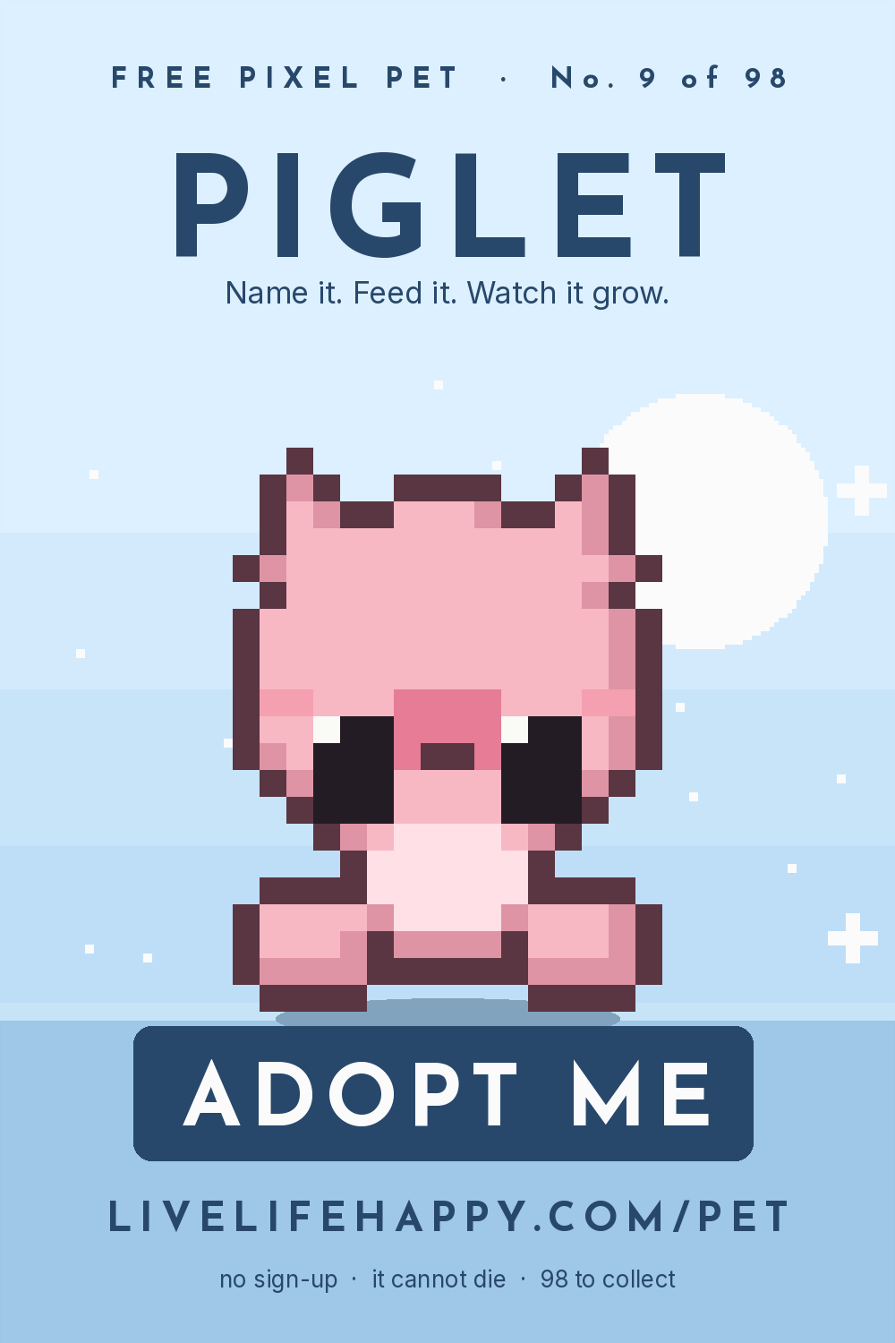 Animated pixel art trading card, number 9 of 98, Piglet, with the words adopt me