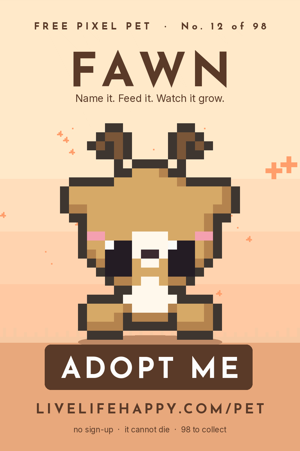 Animated pixel art trading card, number 12 of 98, Fawn, with the words adopt me