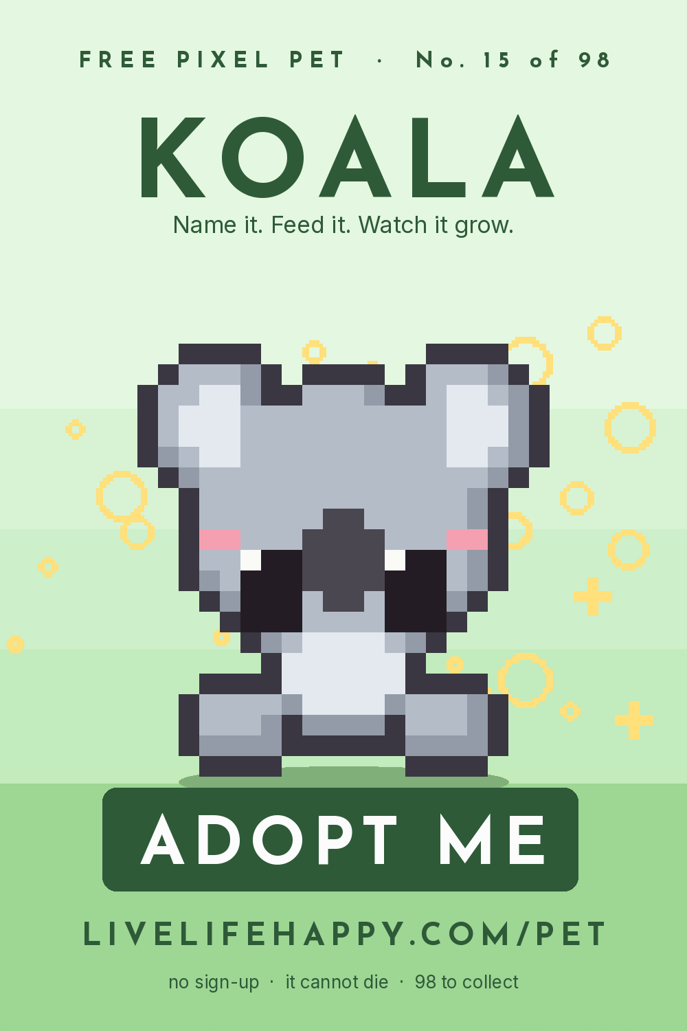 Animated pixel art trading card, number 15 of 98, Koala, with the words adopt me