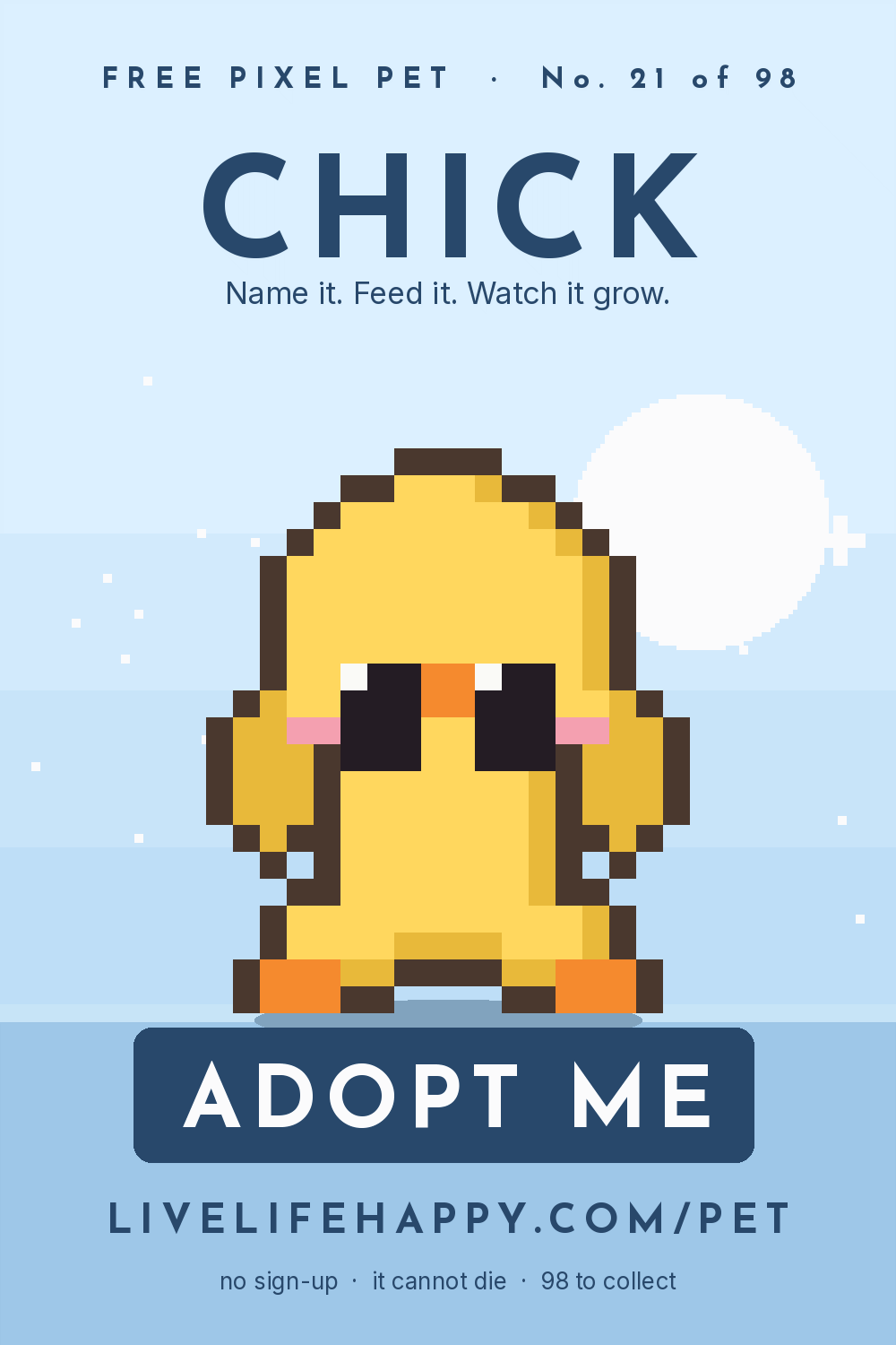 Animated pixel art trading card, number 21 of 98, Chick, with the words adopt me