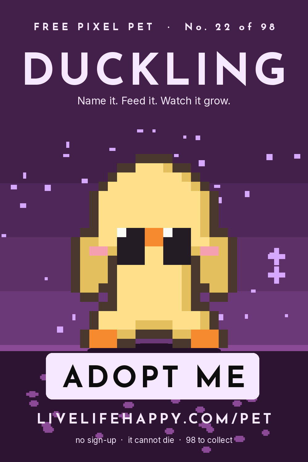 Animated pixel art trading card, number 22 of 98, Duckling, with the words adopt me