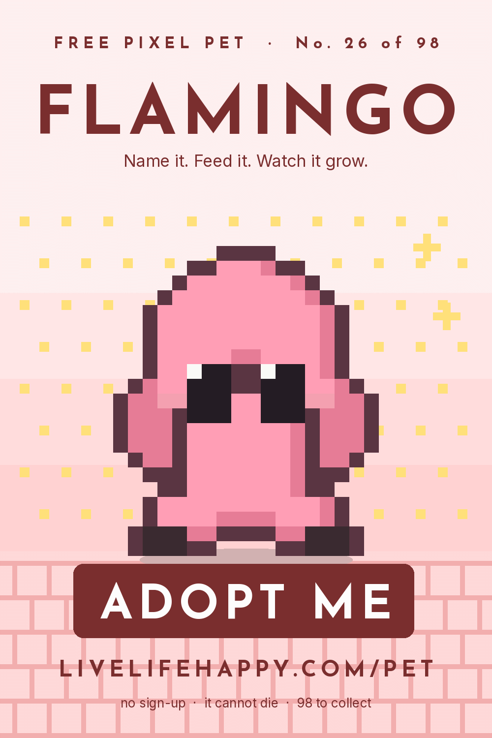 Animated pixel art trading card, number 26 of 98, Flamingo, with the words adopt me
