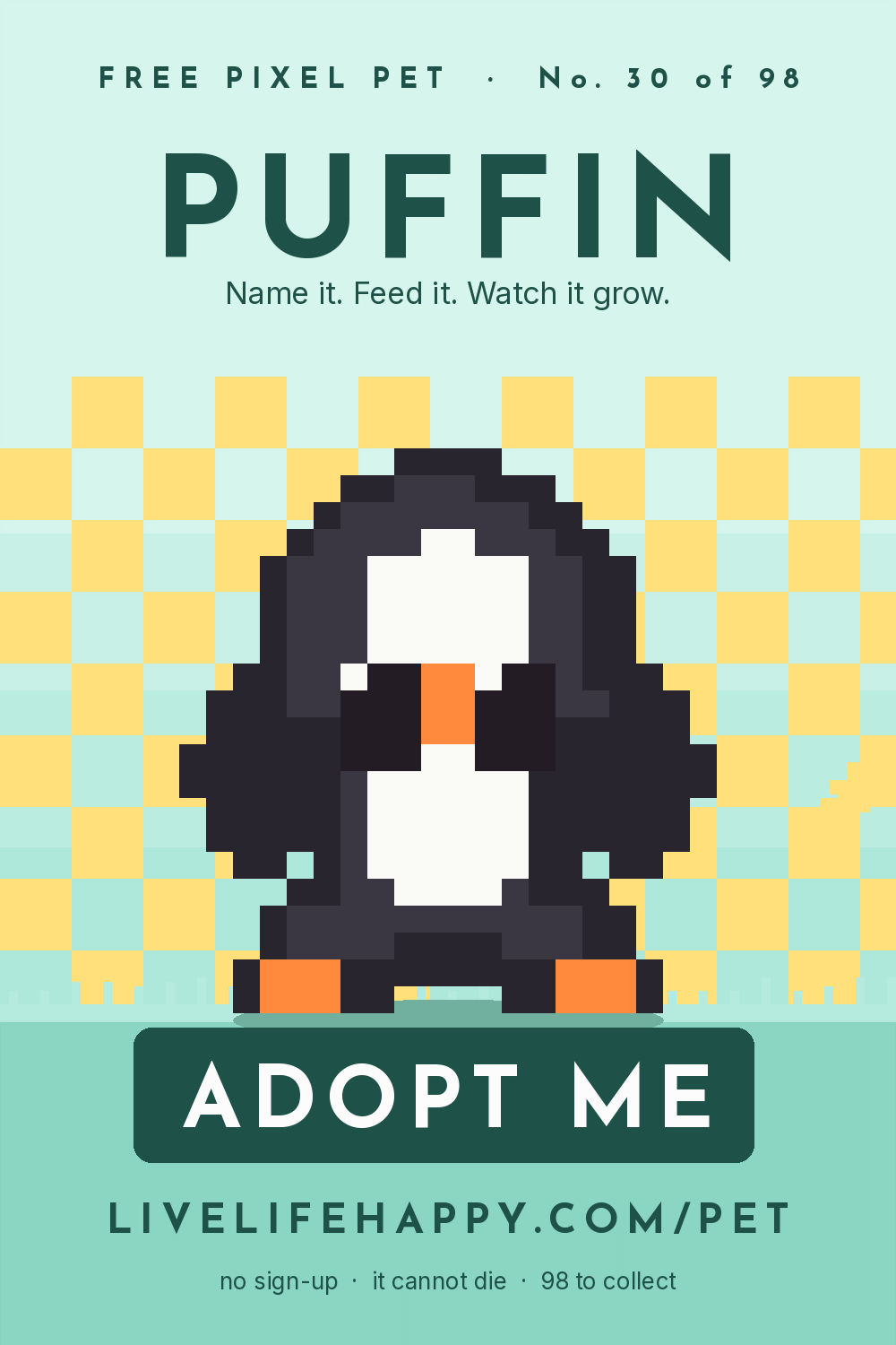 Animated pixel art trading card, number 30 of 98, Puffin, with the words adopt me