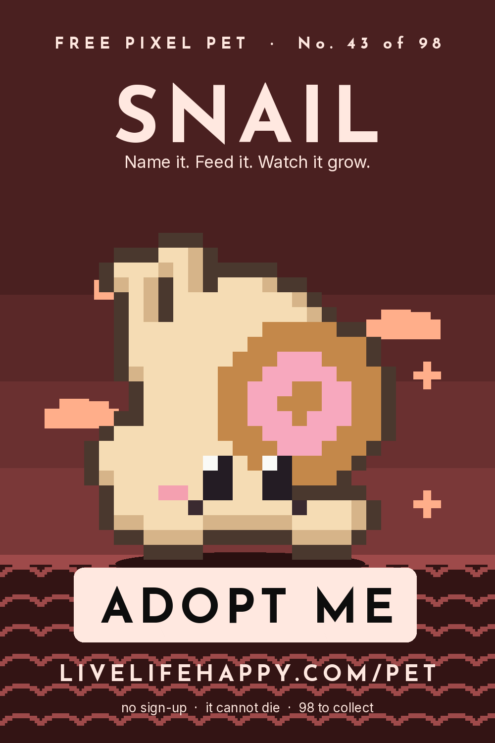 Animated pixel art trading card, number 43 of 98, Snail, with the words adopt me