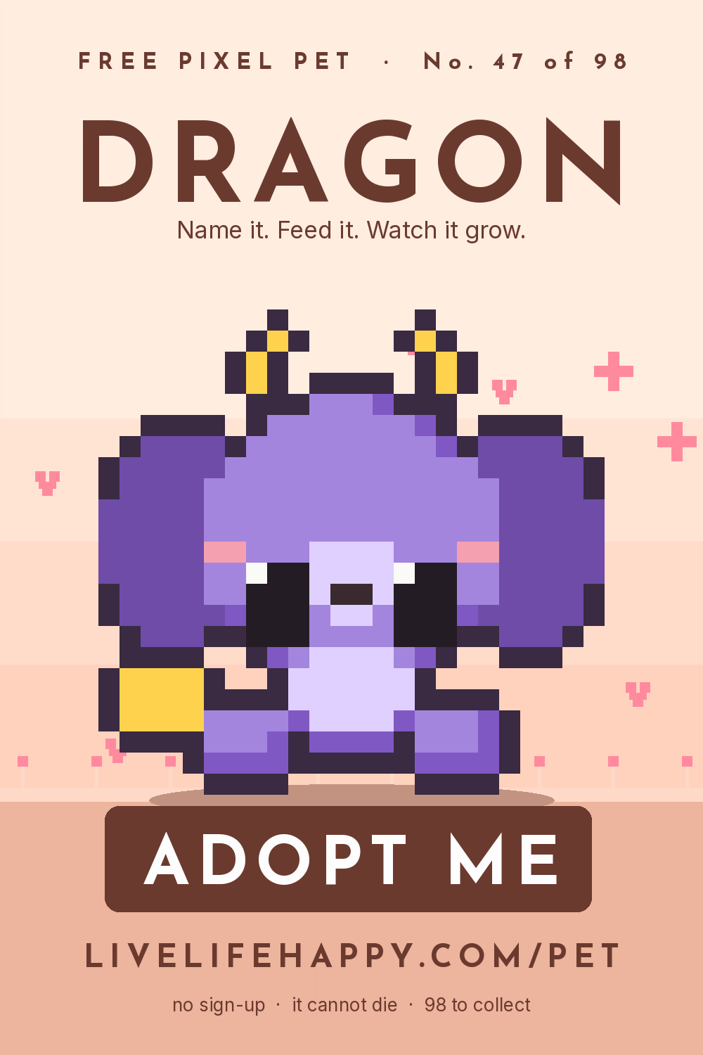 Animated pixel art trading card, number 47 of 98, Dragon, with the words adopt me