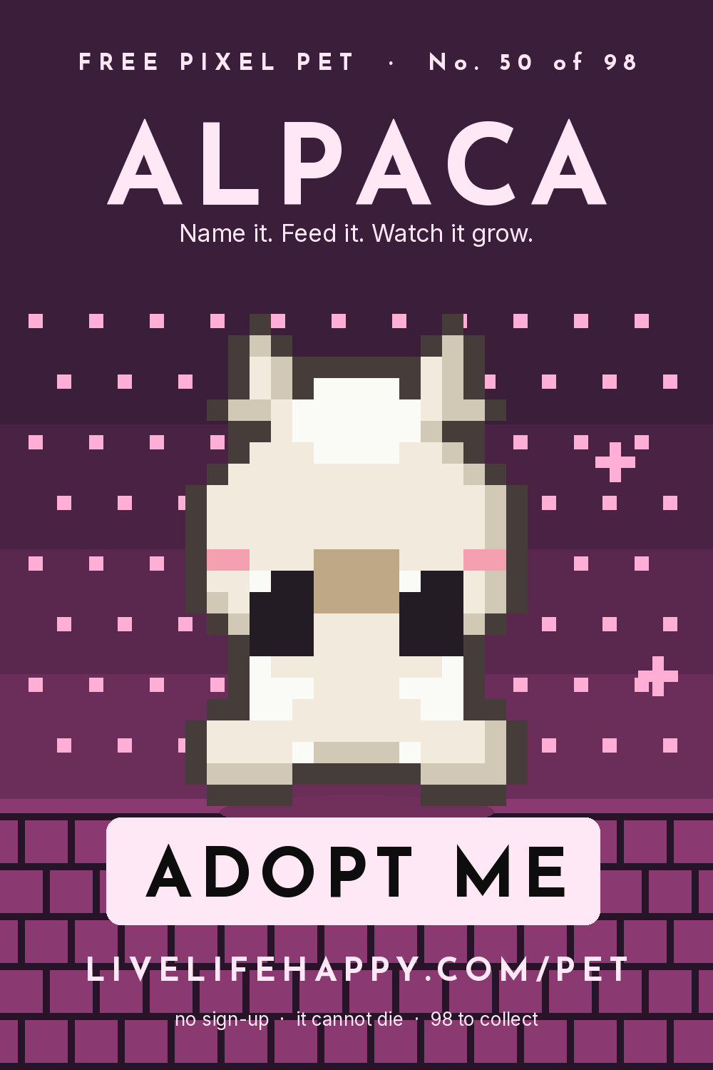 Animated pixel art trading card, number 50 of 98, Alpaca, with the words adopt me