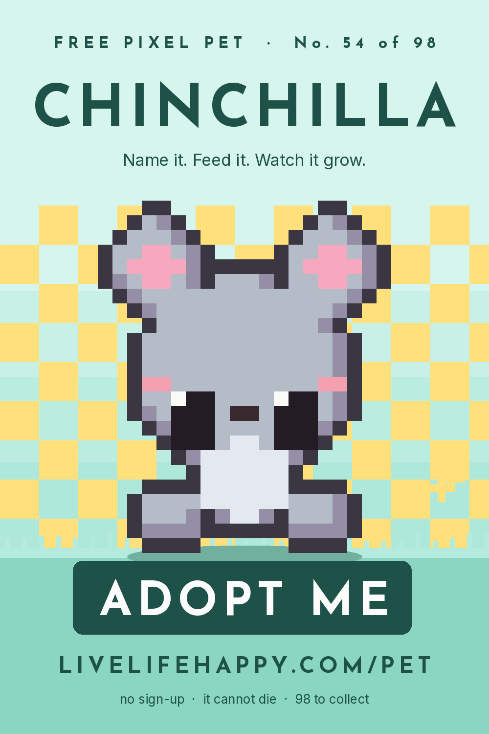 Animated pixel art trading card, number 54 of 98, Chinchilla, with the words adopt me
