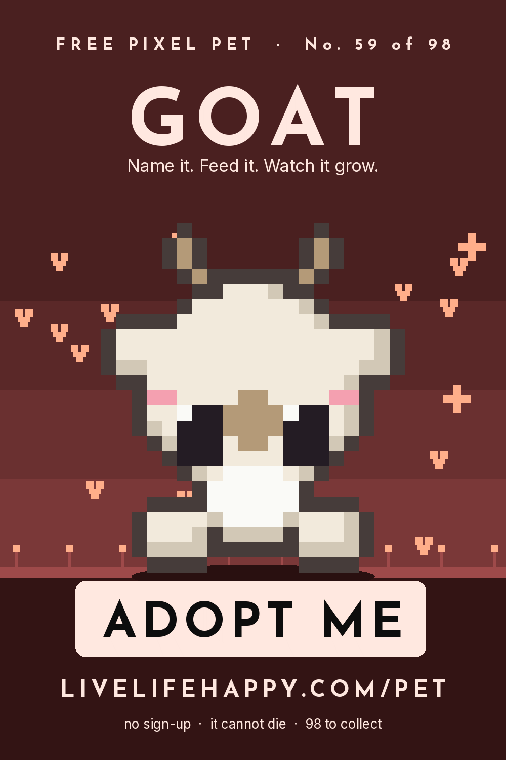 Animated pixel art trading card, number 59 of 98, Goat, with the words adopt me