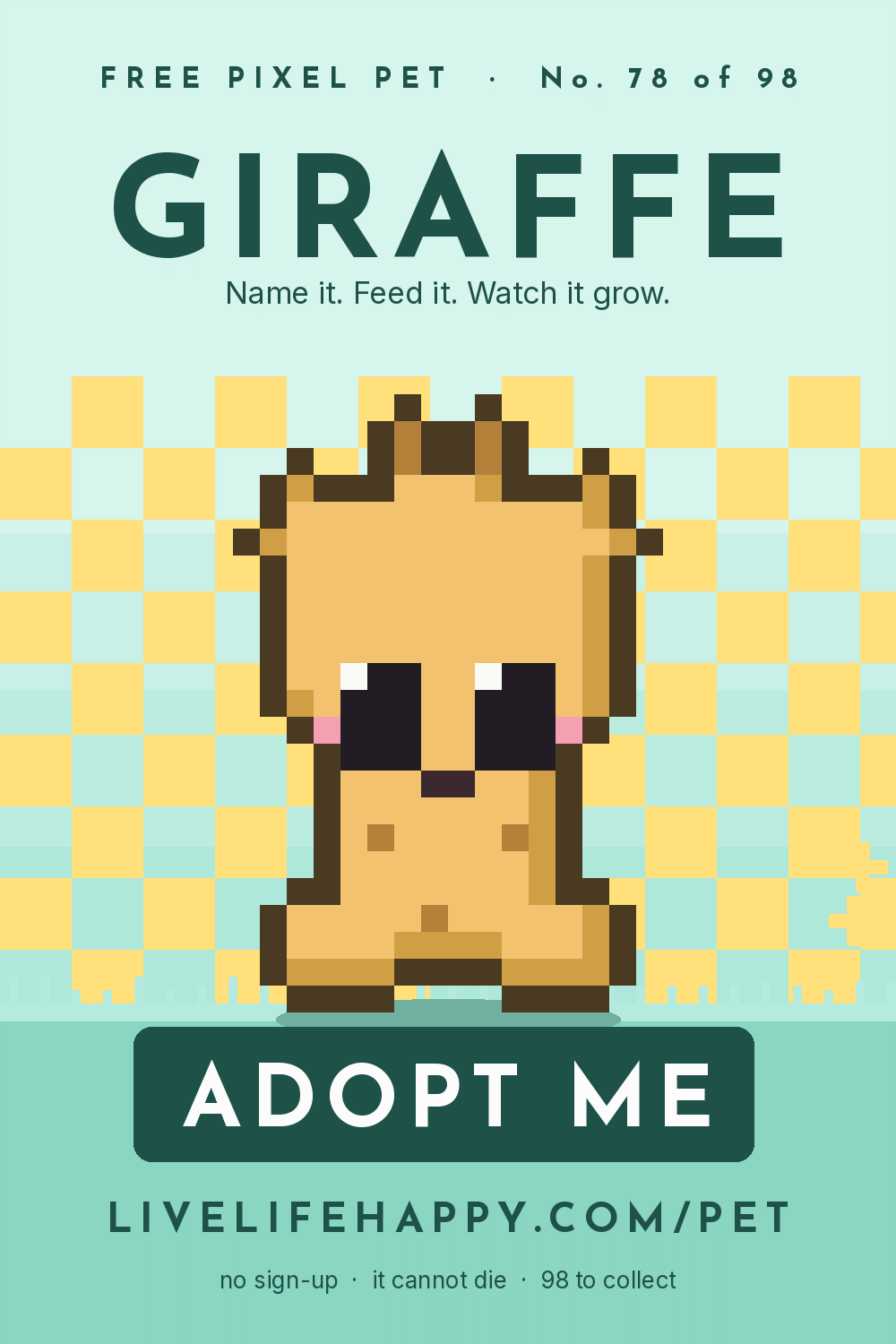 Animated pixel art trading card, number 78 of 98, Giraffe, with the words adopt me