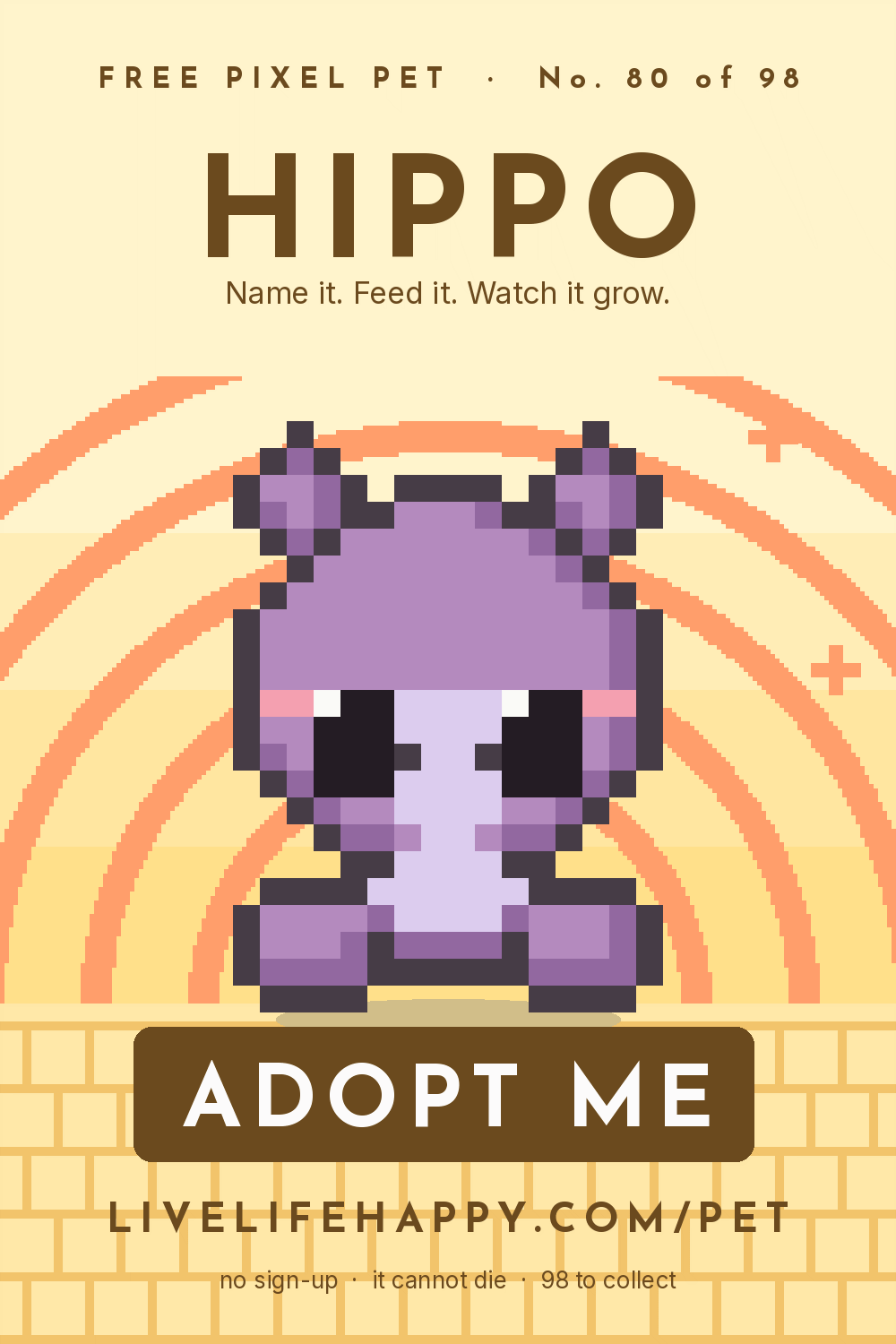 Animated pixel art trading card, number 80 of 98, Hippo, with the words adopt me