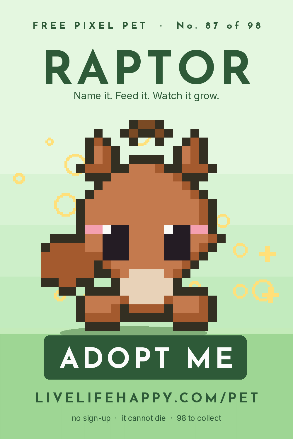 Animated pixel art trading card, number 87 of 98, Raptor, with the words adopt me