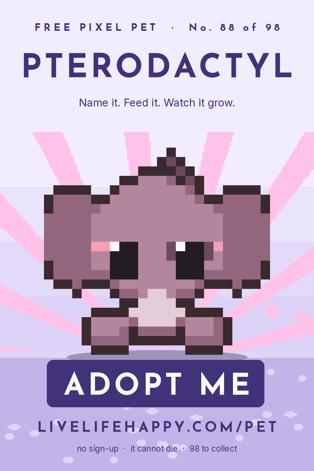 Animated pixel art trading card, number 88 of 98, Pterodactyl, with the words adopt me
