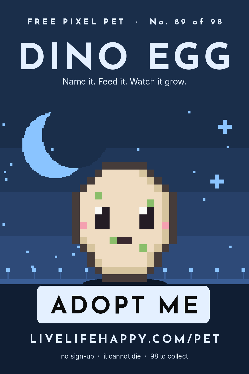 Animated pixel art trading card, number 89 of 98, Dino Egg, with the words adopt me