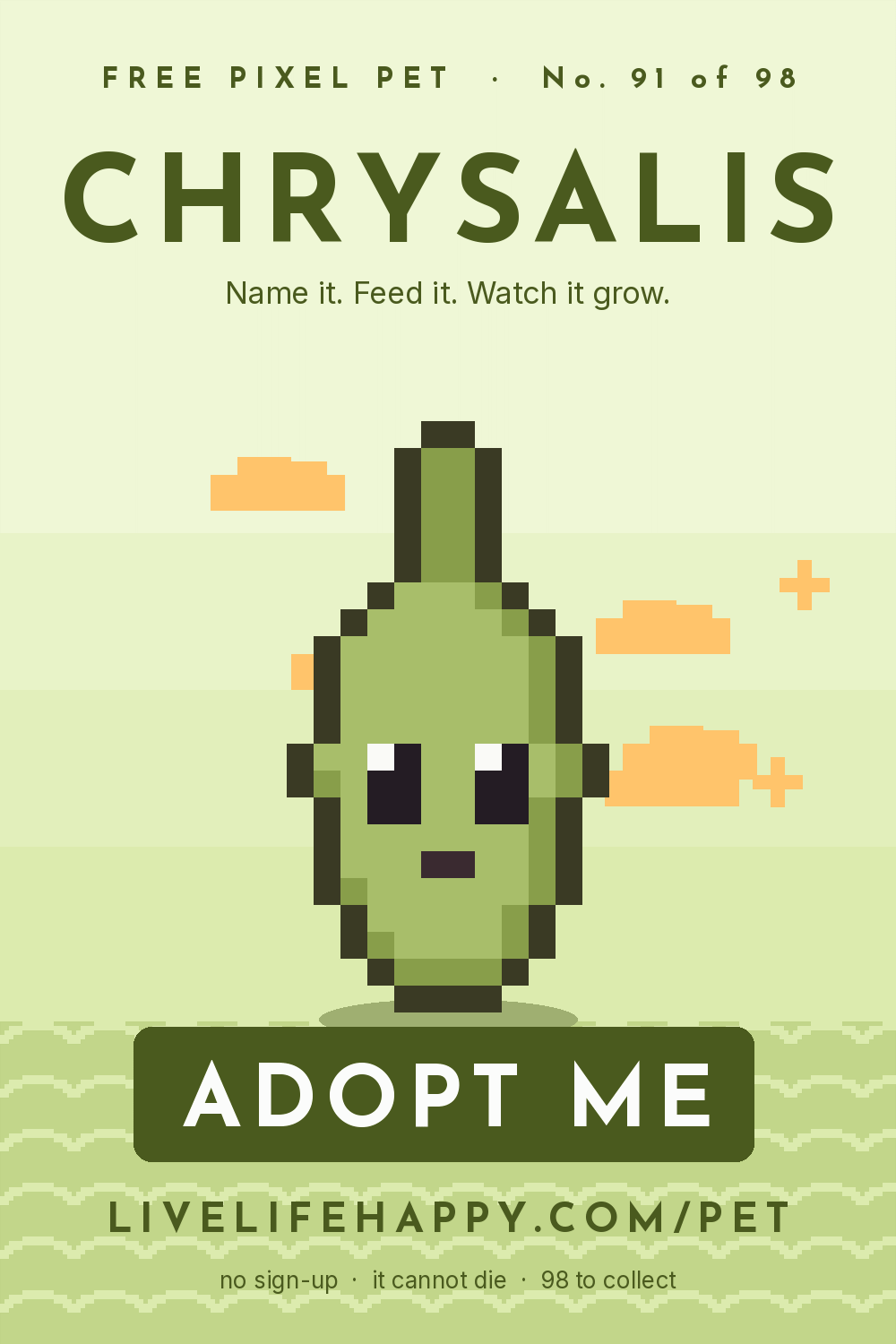 Animated pixel art trading card, number 91 of 98, Chrysalis, with the words adopt me